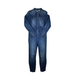Bebe Women’s Denim Jumpsuit Sz 31 Gold Button Zip One Piece Boiler Suit Jean